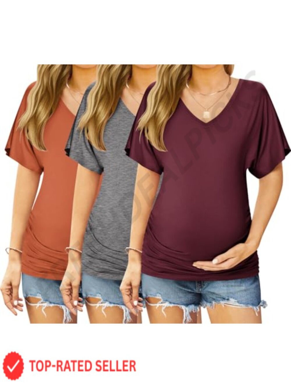 Ekouaer 3 Pack Maternity Shirts V Neck Pregnancy Tops Ruched Tunic Blouse